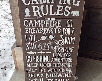 Camping sign, camping rules sign, camping decor, wooden camping sign, rules sign, primitive signs, camper sign, camp site sign