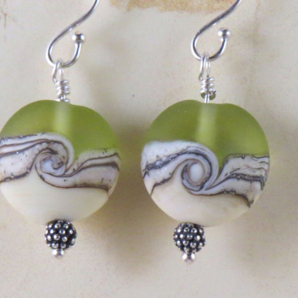 Olive green beach earrings ocean globe glass  with silver granulated beads with silver ear wires