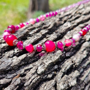 All sterling silver Pink agate stone and Pink glass crystal beaded necklace - sterling silver necklace - pink gemstone agate necklace
