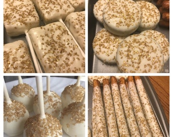 Gold cake pops Gold Party Favors Gold Baby Shower cake pops Gold Oreos Gold pretzels rice crispy treats gold and white party favors