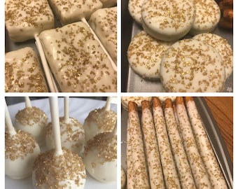 Edible Wedding Favors for 24 Guests, Dessert Table Package, 96 Piece Wedding Treat Set, Cake Pops Oreos Pretzels Rice Krispies