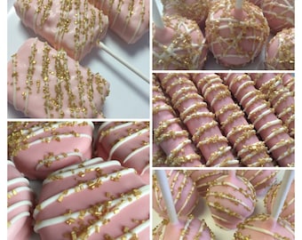 Gold cake pops pink baby shower cake pops Oreos favors pretzel favors rice crispy treat favors gold party favors pink party favors