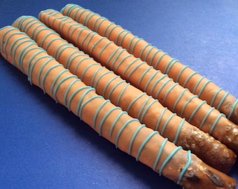 Orange Chocolate Covered Pretzels: Light Blue Drizzle, Party Favors (Set of 12)