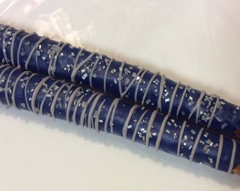 Blue Chocolate Covered Pretzels: Silver Sprinkles Party Favors