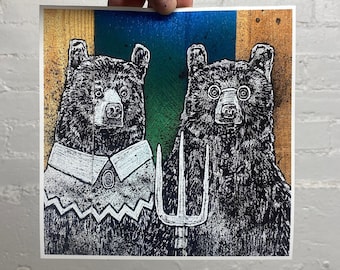 Maine Gothic 8 x 8” print - Creighton Studios Maine Bear American Gothic