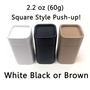 May include: Three square-style push-up containers in white, black, and brown. The containers are labeled "White Black or Brown" and are described as 2.2 oz (60g).