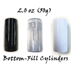 May include: Three 2.0 oz (50g) bottom-fill cylinders for cosmetics or other products. One cylinder is black, one is clear, and one is white.