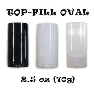 May include: Three oval-shaped deodorant containers in black, white, and translucent. The containers are labeled "TOP-FILL OVAL" and "2.5 oz (70g)". The containers are designed for top-fill applications.