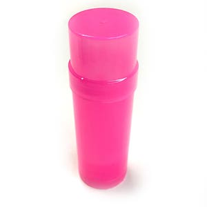 May include: A bright pink plastic container with a screw-on lid. The container is cylindrical and has a smooth surface.