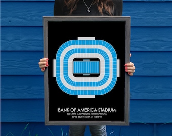 May include: A framed print of a black and white stadium seating chart with a blue field. The stadium is labeled "Bank of America Stadium" with the address "500 S Mint St, Charlotte, North Carolina" and coordinates "35° 13' 33.204" N 80° 51' 10.548" W.