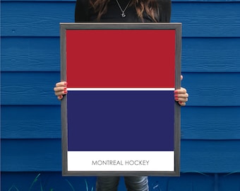 May include: A framed print with a red and blue color scheme. The print has the text "MONTREAL HOCKEY" at the bottom.