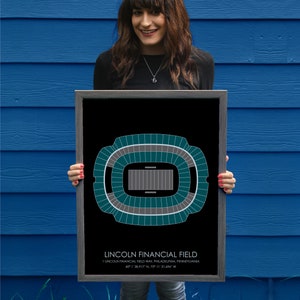 May include: A framed print of a teal and gray football field with the text "LINCOLN FINANCIAL FIELD" and the address "1 LINCOLN FINANCIAL FIELD WAY, PHILADELPHIA, PENNSYLVANIA 40° 138.917 N. 75° 11° 31.696" W"