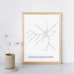 May include: A framed print of the Boston, Massachusetts subway map. The map is a minimalist design with colored lines representing the different subway lines. The text "BOSTON MASSACHUSETTS" is printed below the map.