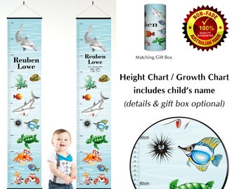 Dolphin & Shark Fish in Sea Ocean Height Chart, Growth Ruler for boys room. A Wall Hanging Bedroom Decor Birthday or Christmas Gift Idea