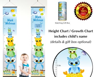 Kids Growth Chart, Personalised Height Charts and cute hoot owls stack. Birthday Gift Idea for Baby or Children.