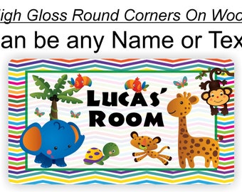 Jungle Zoo Bedroom Chevron Room Door Sign Plaque African Animals any Name For Baby, Child, Kids