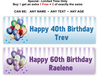 Birthday Banner Party Sign with Balloons in Blue or Purple Theme