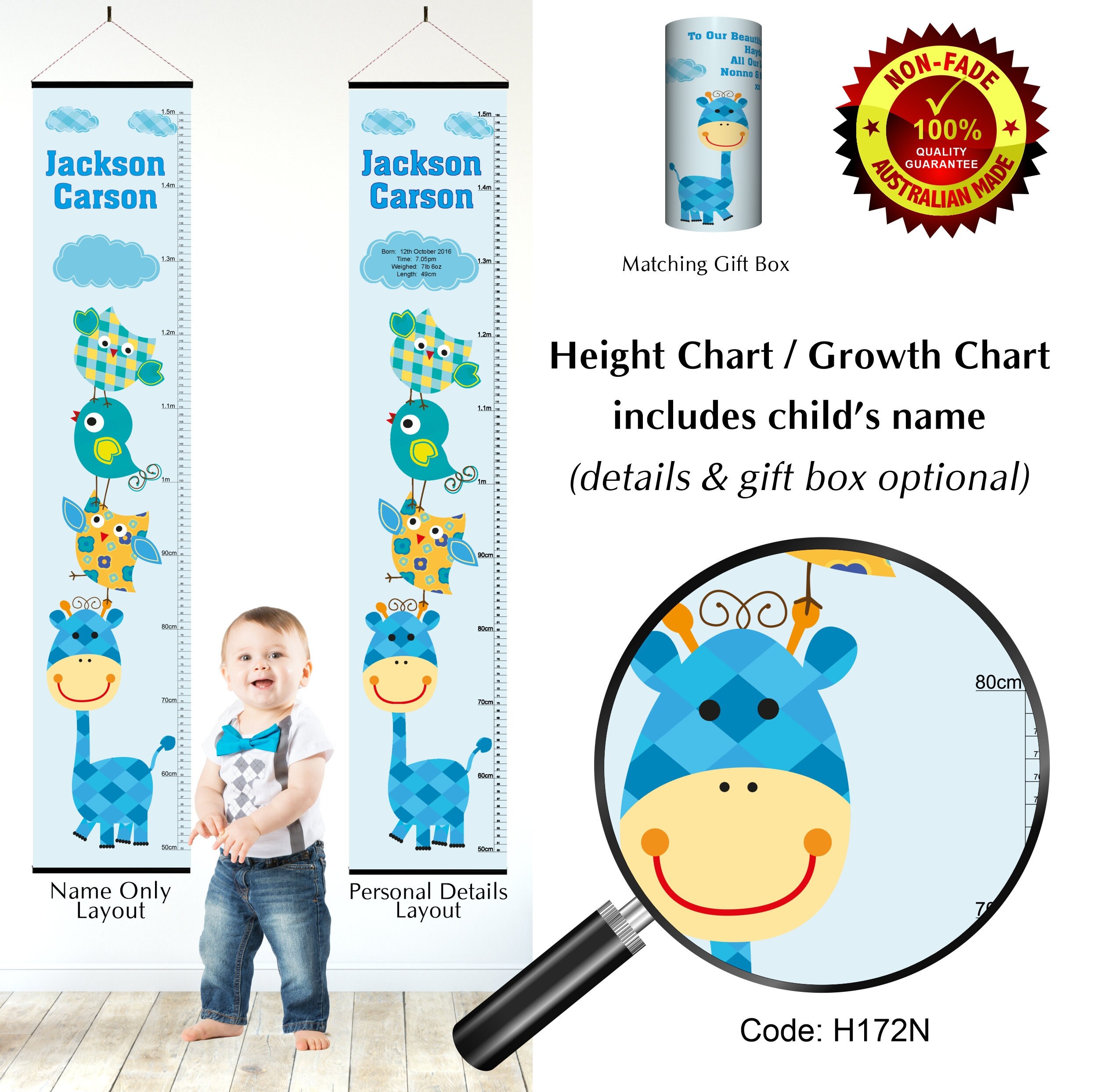 Personalised Height Growth Chart Baby Blue Giraffe Bird Etsy