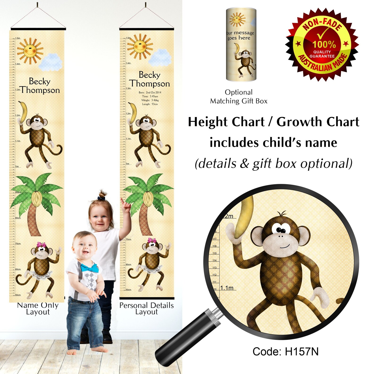 Height Growth Charts Monkey Themes for Kids or Childs Bedroom Etsy