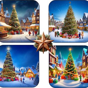 Christmas Coasters, Stocking Filler, Set of 4, Festive Tree Village Theme, printed with fluroescent ink