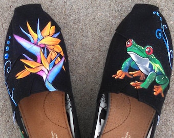 Hand Painted Shoes Black Canvas Custom TOMS Tropical Rainforest New Wearable Art Customized Shoes Custom Kicks Personal Clothing Gift Idea