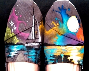Hand Painted Shoes Custom TOMS Nautical Shoes Sailboat and Sea Compass and Anchor Colorful Sunset Custom Kicks Beach Clothing Marine Design