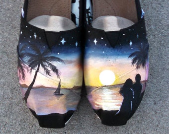 Hand Painted Shoes Custom TOMS Romantic Sunset Beach Flats Customized Honeymoon Custom Kicks Honeymoon Gift Ideas Tropical Painted Initials