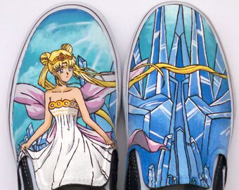 Sailor Moon Hand Painted Vans Queen Serenity Cosplay Anime Shoes Geek Gift Ideas Moon Tiara Crystal Tokyo Custom Vans Slip On Black Canvas