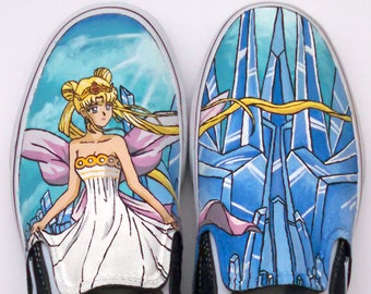 Sailor Moon Hand Painted Vans Queen Serenity Cosplay Anime Shoes Geek Gift Ideas Moon Tiara Crystal Tokyo Custom Vans Slip On Black Canvas