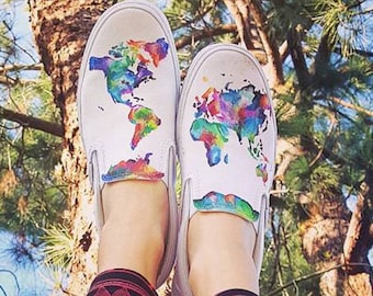 World Map Painted Vans Customs Rainbow Design Travel Gift Idea