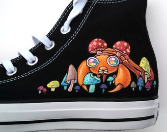 Hand Painted Converse Custom Sneakers Psychedelic Mushroom and Paras Glow in the Dark Sparkly Shoes Laceups Hi Tops Grass Type Bug Type