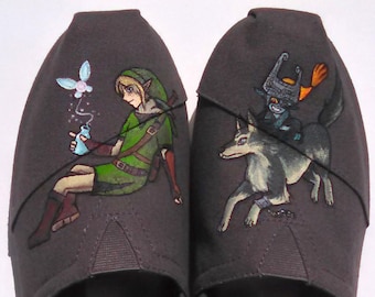 Legend of Zelda Twilight Princess Hand Painted Shoes Custom TOMS Link and Midna Navi Fairy Video Game Kicks Geek Gift Ideas Triforce Wolf