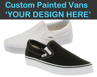 Custom Vans Painted Shoes Choose Your Design Hand Painted Vans Shoes Customizable Flats Canvas Slip Ons Charcoal Black Navy Unisex Footwear