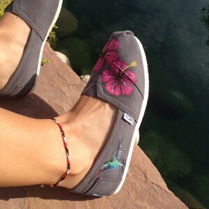 Hand Painted Shoes Custom TOMS Pink Hibiscus and Hummingbird Themed Party Customized Shoes Custom Kicks Florist Gift Ideas Vacation Shoes image 2
