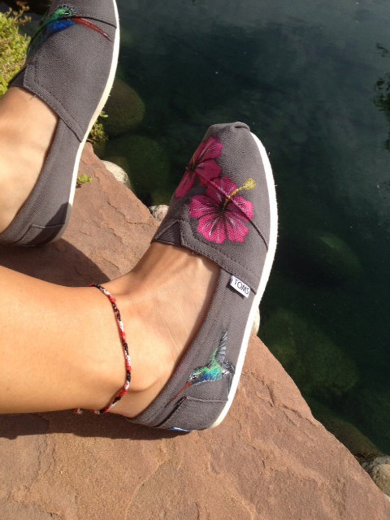 Hand Painted Shoes Custom TOMS Pink Hibiscus and Hummingbird Themed Party Customized Shoes Custom Kicks Florist Gift Ideas Vacation Shoes image 2