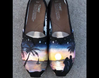 Hand Painted Shoes Custom TOMS Romantic Sunset Beach Flats Customized Honeymoon Custom Kicks Honeymoon Gift Ideas Tropical Painted Initials