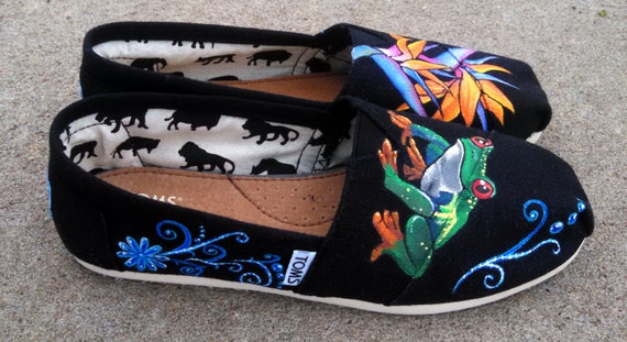 Hand Painted Shoes Black Canvas Custom TOMS Tropical  display picture 3