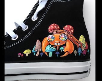 Hand Painted Converse Custom Sneakers Psychedelic Mushroom and Paras Glow in the Dark Sparkly Shoes Laceups Hi Tops Grass Type Bug Type