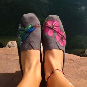 Hand Painted Shoes Custom TOMS Pink Hibiscus and Hummingbird Themed Party Customized Shoes Custom Kicks Florist Gift Ideas Vacation Shoes image 1