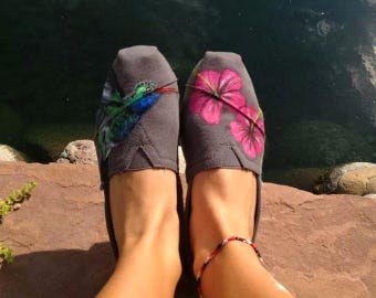 Hand Painted Shoes Custom TOMS Pink Hibiscus and Hummingbird Themed  Party Customized Shoes Custom Kicks Florist Gift Ideas Vacation Shoes