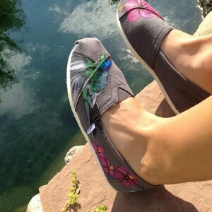 Hand Painted Shoes Custom TOMS Pink Hibiscus and Hummingbird Themed Party Customized Shoes Custom Kicks Florist Gift Ideas Vacation Shoes image 3