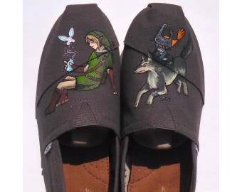 Legend of Zelda Twilight Princess Hand Painted Shoes Custom TOMS Link and Midna Navi Fairy Video Game Kicks Geek Gift Ideas Triforce Wolf