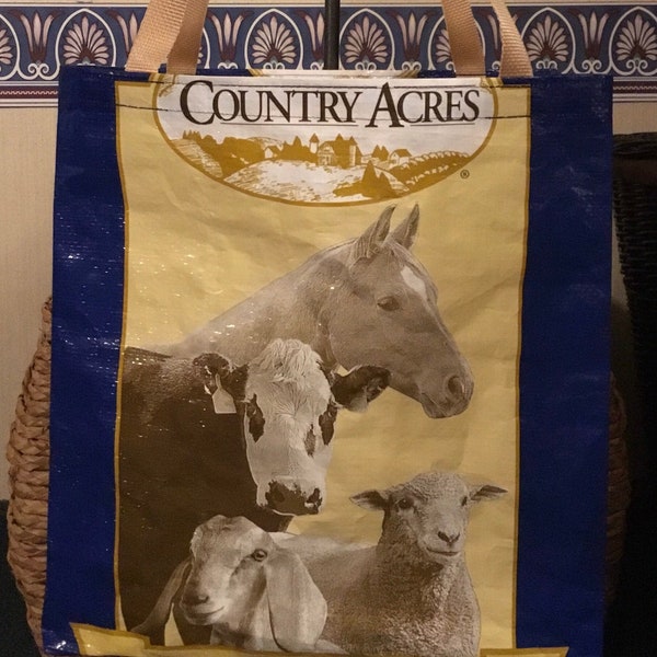 Recycled, Repurposed Feed Bag, Market Tote, GROCERY BAG, Reusable Bag, Recycled Shopping Bag, Zero Waste, Country Acres