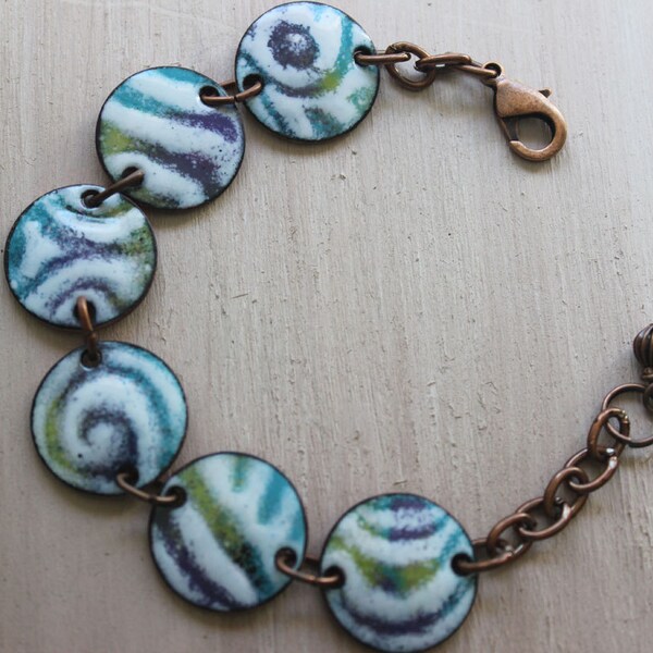 Upcycled Enamel on Copper Penny Bracelet in Purple, Aqua, Lime and White