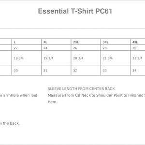 May include: Size chart for a t-shirt with measurements in inches for chest, sleeve length from center back, and body length at back. Sizes range from S to 6XL.