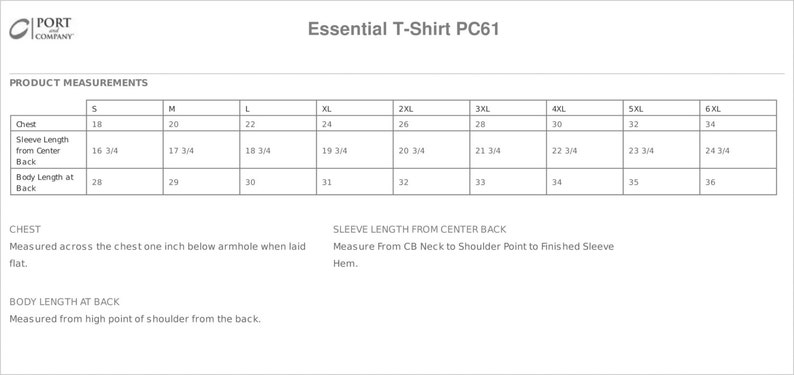 May include: Size chart for a t-shirt with measurements in inches for chest, sleeve length from center back, and body length at back. Sizes range from S to 6XL.