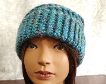 Hand Knit Slouchy Beanie | Winter Hat with Fun Pattern | Bright Teal Beanie | Unisex Knit Slouchy Hat | Knitted Multicolor Beanie with Brim
