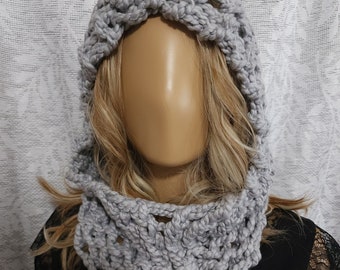 Hand Knit Chunky Hood & Cowl - Light Gray