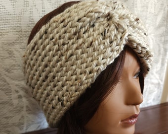 Hand Knit Headband & Ear Warmer - Heavy Weight/Thick - Cream Tweed