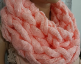 Hand Knit Chunky Infinity Cowl Scarf in Pink Coral Color